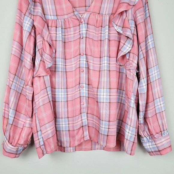 Bobeau Pink Blue Ruffle Button Down Long Sleeves Plaid Babydoll Shirt Size XS - Picture 7 of 12
